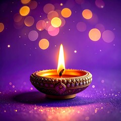 A lit traditional clay lamp on a purple background with bokeh lights
