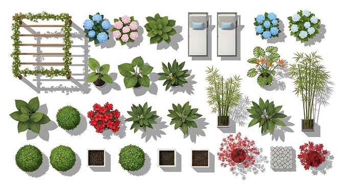 Top view of garden elements including hydrangeas, red azaleas, bamboo, lounge chairs, and wooden pergola.