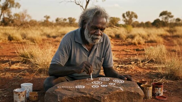 Indigenous Australian artist painting traditional dot art on rock in outback landscape during golden hour