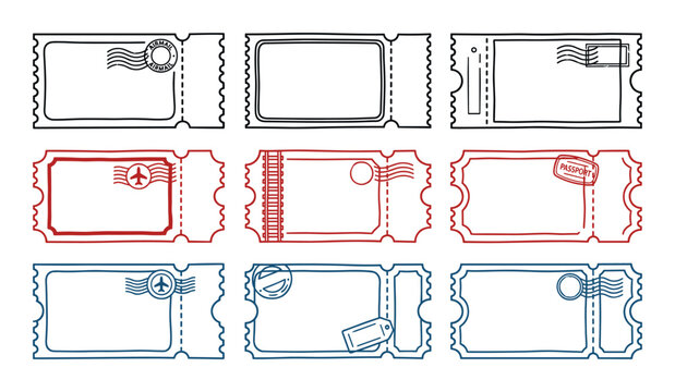 Vintage hand-drawn style travel ticket stubs. Different colors and stamps in outline style. Vector set