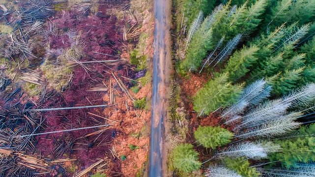 Aerial Drone View Reveals Stark Contrast Deforestation and Healthy Forest Divided by Road.