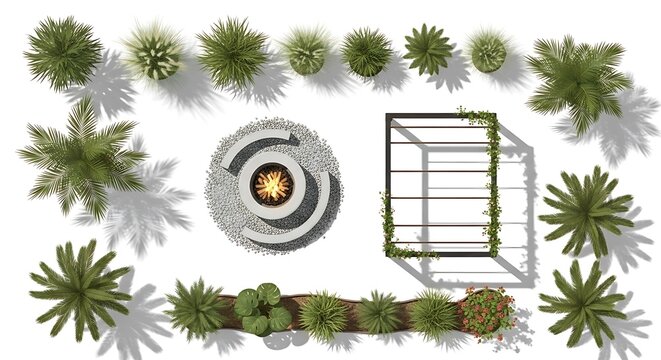 Top view of a modern outdoor lounge area with a fire pit, pergola, palm trees, and various plants.