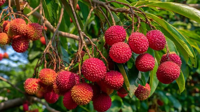 Vibrant red lychee fruit clusters ripen naturally on a lush green tropical tree branch in sunlight.