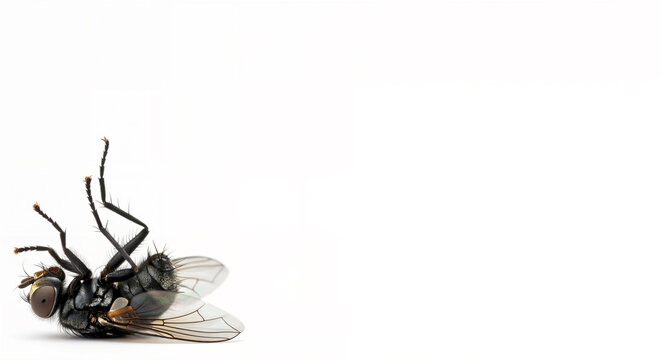 Dead Housefly Lying on its Back Isolated on White Background.