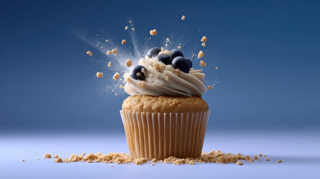A blueberry muffin exploding with dynamic splash effect, crumbs and berries flying in midair, isolated on clean background, cinematic high-speed photography style, dramatic lighting with sharp