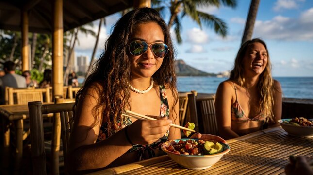 Two women enjoying a meal at a beachfront restaurant in Hawaii with Diamond Head in the background.