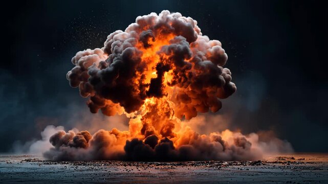 A dramatic mushroom cloud explosion bursts with orange and yellow flames against a dark sky