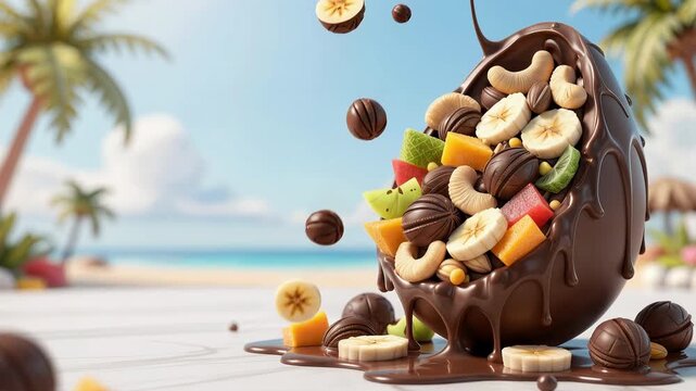 Photorealistic image of a chocolate egg-shaped dessert filled with banana slices, kiwi pieces, orange cubes, and walnuts, melting slightly on a white table.