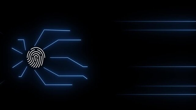 fingerprint icon with neon line rays animation for biometric security, futuristic ui and digital authentication.