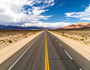 A long, straight highway stretches through a desert landscape