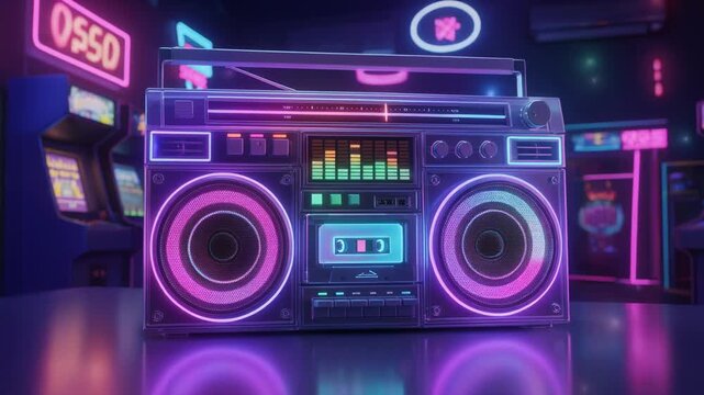 Retro neon boombox with vibrant glowing lights in vintage arcade setting with colorful music vibes