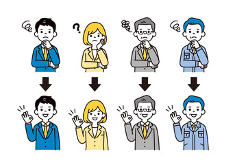 トラブルが解決した、ビジネスマン・社長・中小企業経営者のシンプルなベクターイラスト素材セット