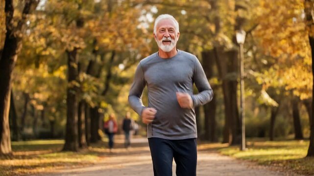 Happy elderly man jogging in autumn park enjoying outdoor exercise and healthy lifestyle