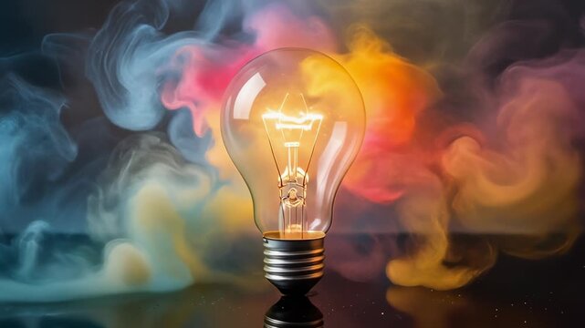 Glowing light bulb with vibrant colorful smoke background representing creativity and innovation