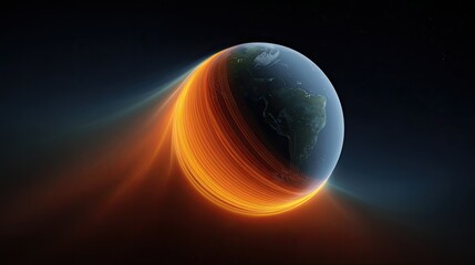 Obraz premium Stunning Earth Illustration with Dynamic Energy Flow and Colorful Orbiting Lines, Emphasizing Planetary Features and Cosmic Movement in Space