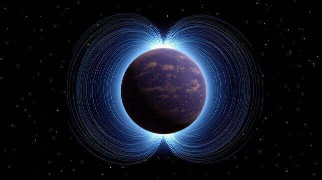 Stunning Visual of Planet with Electromagnetic Field Lines in Space, Cosmic Phenomenon, Astronomy, and Stellar Science in Dark Universe Background