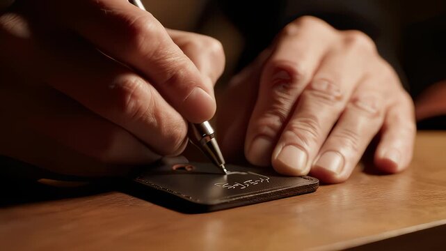 Person Engraves Personalized Message on Leather Tag With Pen