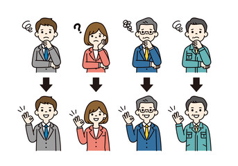 困った表情と解決したポーズの、会社員・上司・社長・経営者の上半身ベクターイラスト素材セット