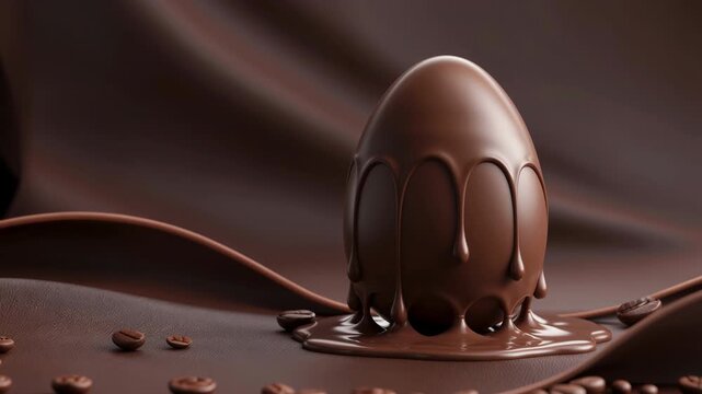 chocolate egg-shaped object with melted chocolate dripping down, smooth brown texture, background with soft brown fabric folds.