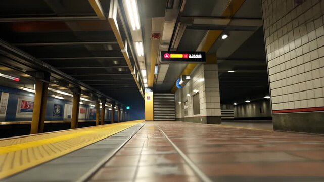 Low angle shot of a subway station platform. Fluorescent lights and tile walls are visible