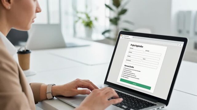 Businesswoman working on laptop filling project registration form in modern office