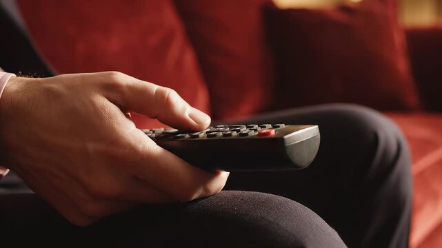 Person holding remote control on couch
