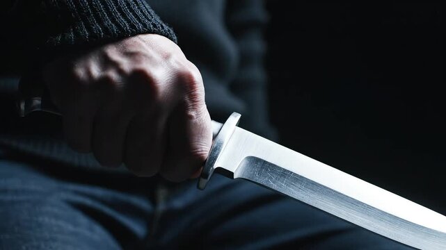 Hand gripping a knife in dark setting