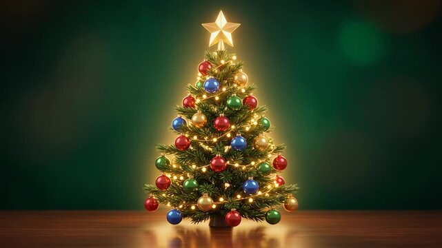 Beautiful decorated Christmas tree with colorful ornaments and glowing star on top festive holiday celebration