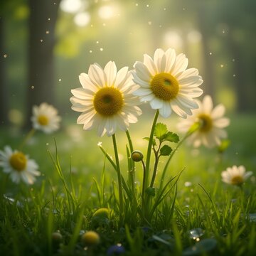 Daisies blooming in sunny meadow with soft green grass and bokeh background