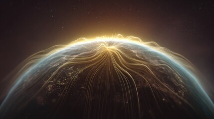 Fototapeta premium Stunning view of Earth from space with glowing energy lines revealing the beauty of planet's surface and atmosphere, showcasing natural wonder and mystery