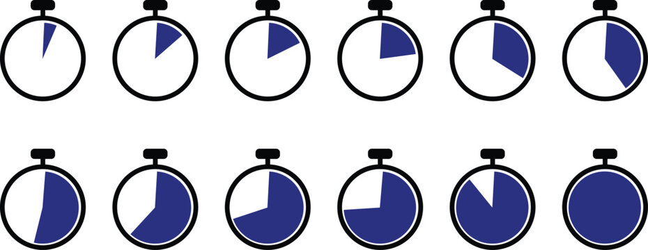 Stopwatch timer sequence with analog dials displaying increasing and decreasing dark blue segments against a white background, illustrating time tracking and measurement devices