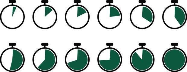 Stopwatch timers with black outlines and white faces showing different time readings, illustrating time measurement devices used for precise timing in various activities and events.