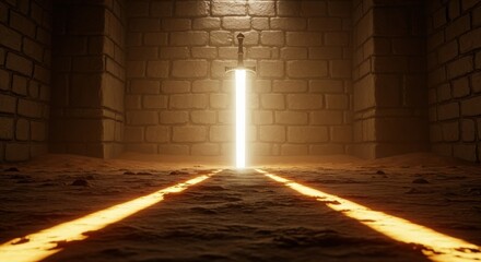 A low-angle view of a sword in a stone with glowing lines on the ground