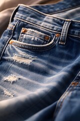 Fototapeta premium Close-Up of Fashionable Distressed Blue Denim Jeans with Rips and Worn Texture Perfect for Apparel and Style Imagery in Contemporary Fashion Photography