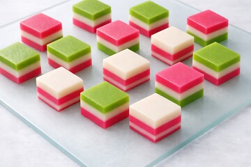 Fototapeta premium Vibrant colored Kuih Lapis slices (green, pink, and white) arranged geometrically on a frosted glass surface.