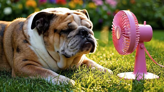 Bulldog resting on grass with fan