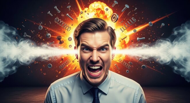 Angry man with explosive around his head explosion