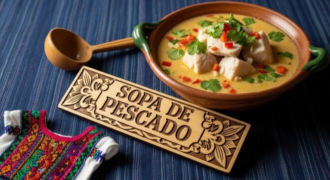 Authentic Sopa de Pescado Fish Soup in Creamy Coconut Broth with Ceiba Sign and Indigo Mat