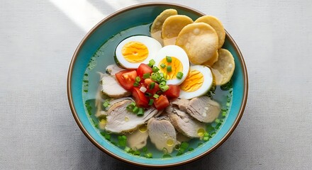 Soto soup bowl in handmade turquoise blue ceramic, clear aromatic broth with chicken oil glistening, lean meat slices, hard-boiled eggs cut in quarters, cubed tomatoes and crispy fried potato crackers