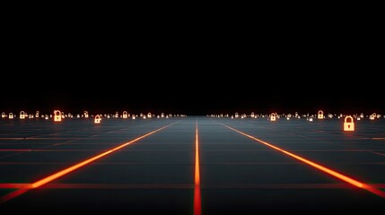 Futuristic Digital Landscape with Security Icons and Neon Lines in a Dark Environment for Technology, Cybersecurity, and Innovation Concepts