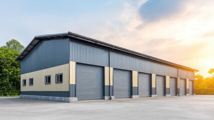 Fototapeta premium Modern industrial warehouse with roller doors and a yellow accent, surrounded by greenery under a clear sky at sunset, showcasing a contemporary design