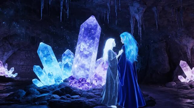 A vintage woman in a gothic costume stands inside a dark blue cave wearing a fantasy dress that blends with the blue and white art of the stone walls