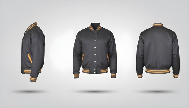 Black varsity jacket mockup presented in a three-panel layout