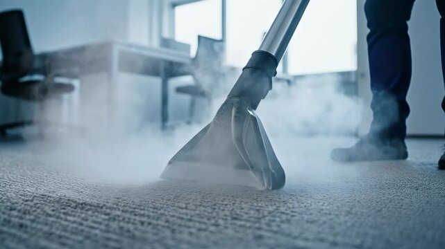 Professional carpet cleaning with steam cleaner in modern office space with chairs and desks