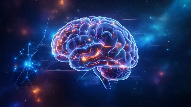 Glowing digital human brain illustration with neural connections and futuristic technology background