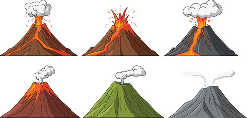 Cartoon volcano illustrations showing erupting and dormant stages with lava, smoke, and ash—educational geology vector set for earth science and natural disaster themes. © Rasidul