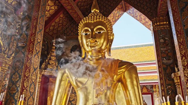 Golden Buddha statue in ornate temple