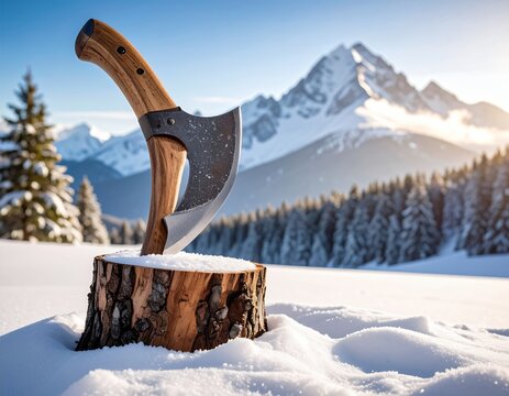 Axe embedded in a tree stump in a snowy mountain landscape.