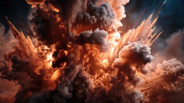 A chaotic explosion fills the frame, with fiery tones and billowing smoke