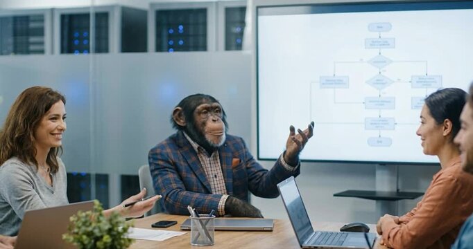 Ape in business suit points at diagram in modern office